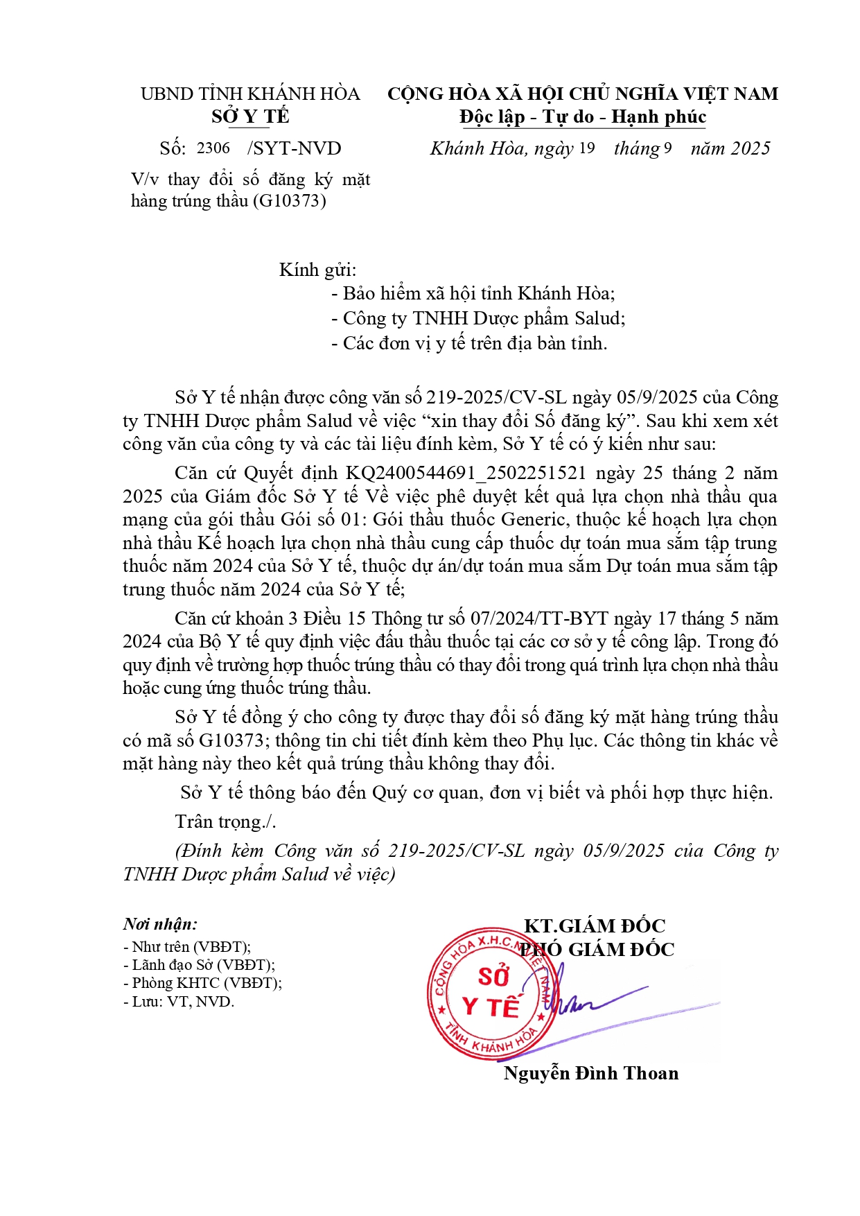 V/v thay đổi số đăng ký mặt hàng trúng thầu (G10373)